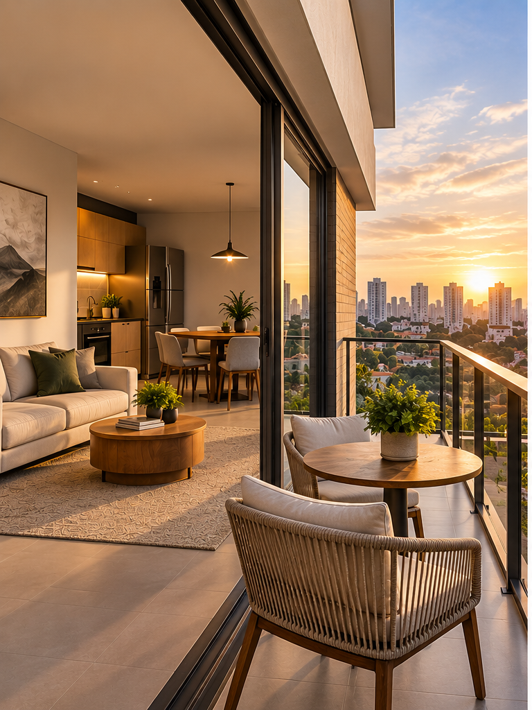 Apartamento contemporâneo com varanda e vista urbana